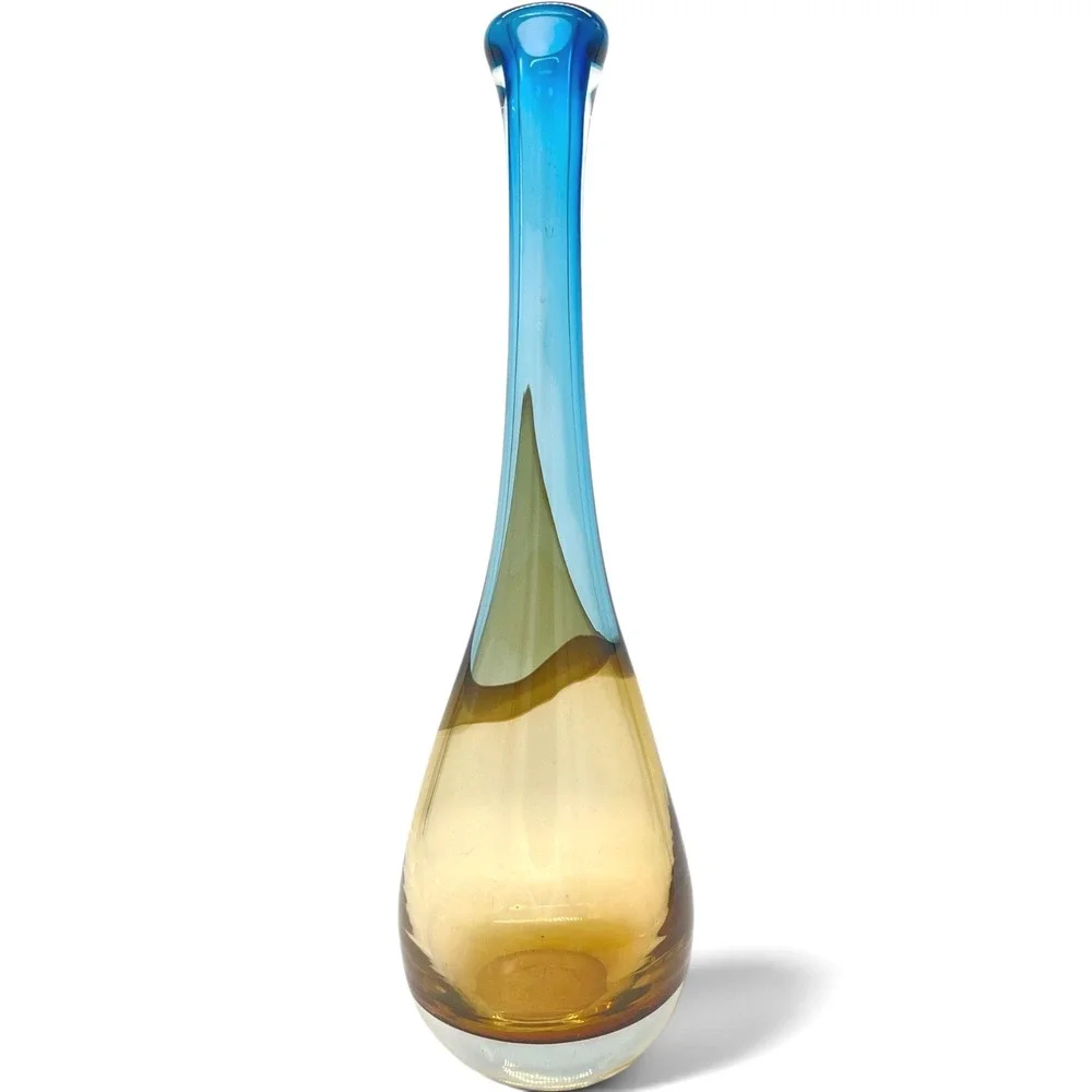 Sommerso Style Glass Vase Blue‎ Amber Teardrop Mid Century Modern 15.5